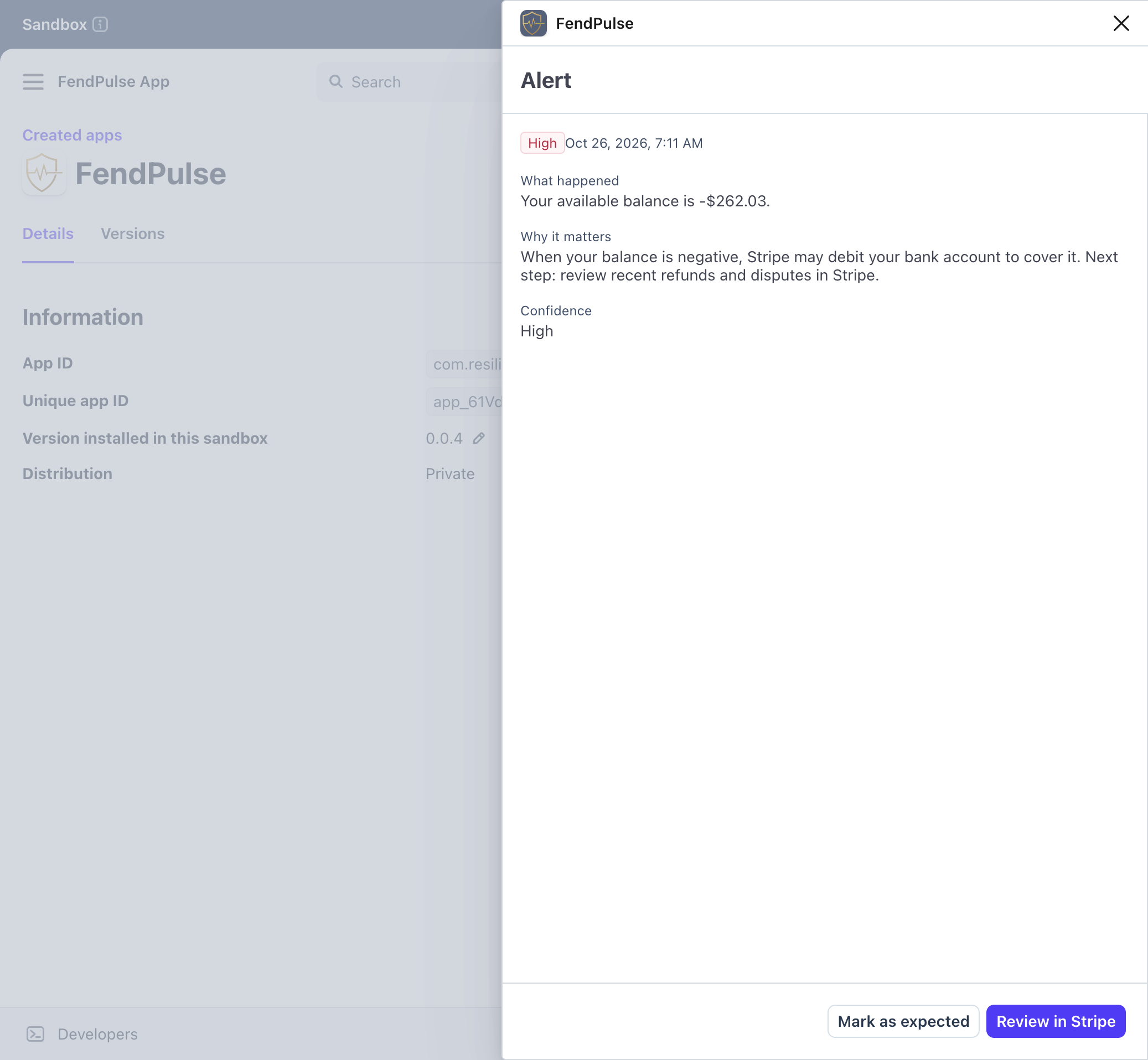 FendPulse alert detail: what happened, why it matters and Review in Stripe