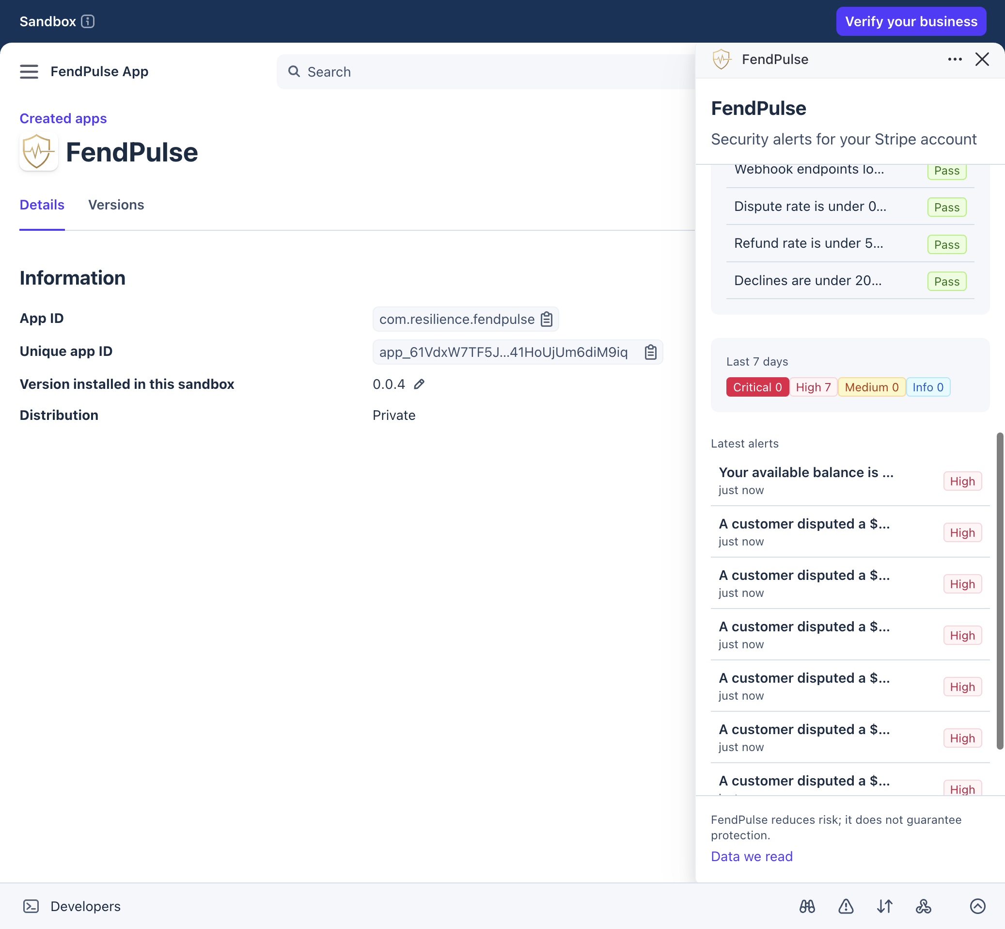 FendPulse drawer listing the latest alerts by severity