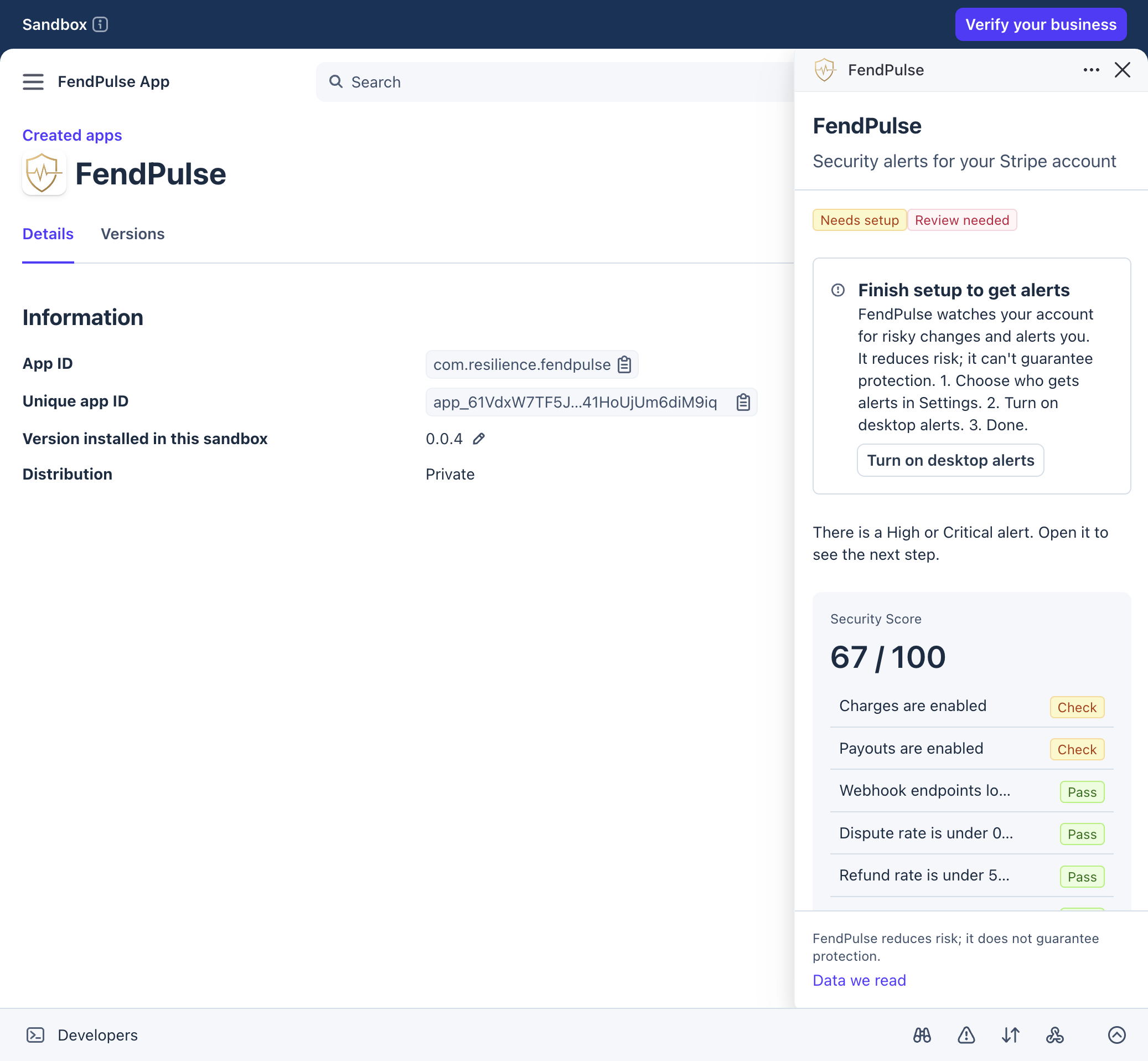FendPulse drawer in the Stripe Dashboard showing the Security Score